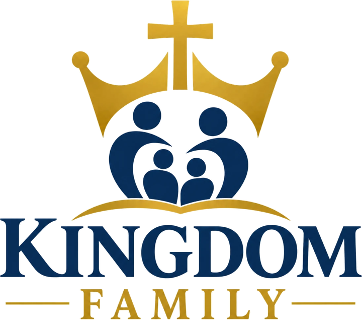 Kingdom Family logo: a gold crown and cross over a family and an open Bible